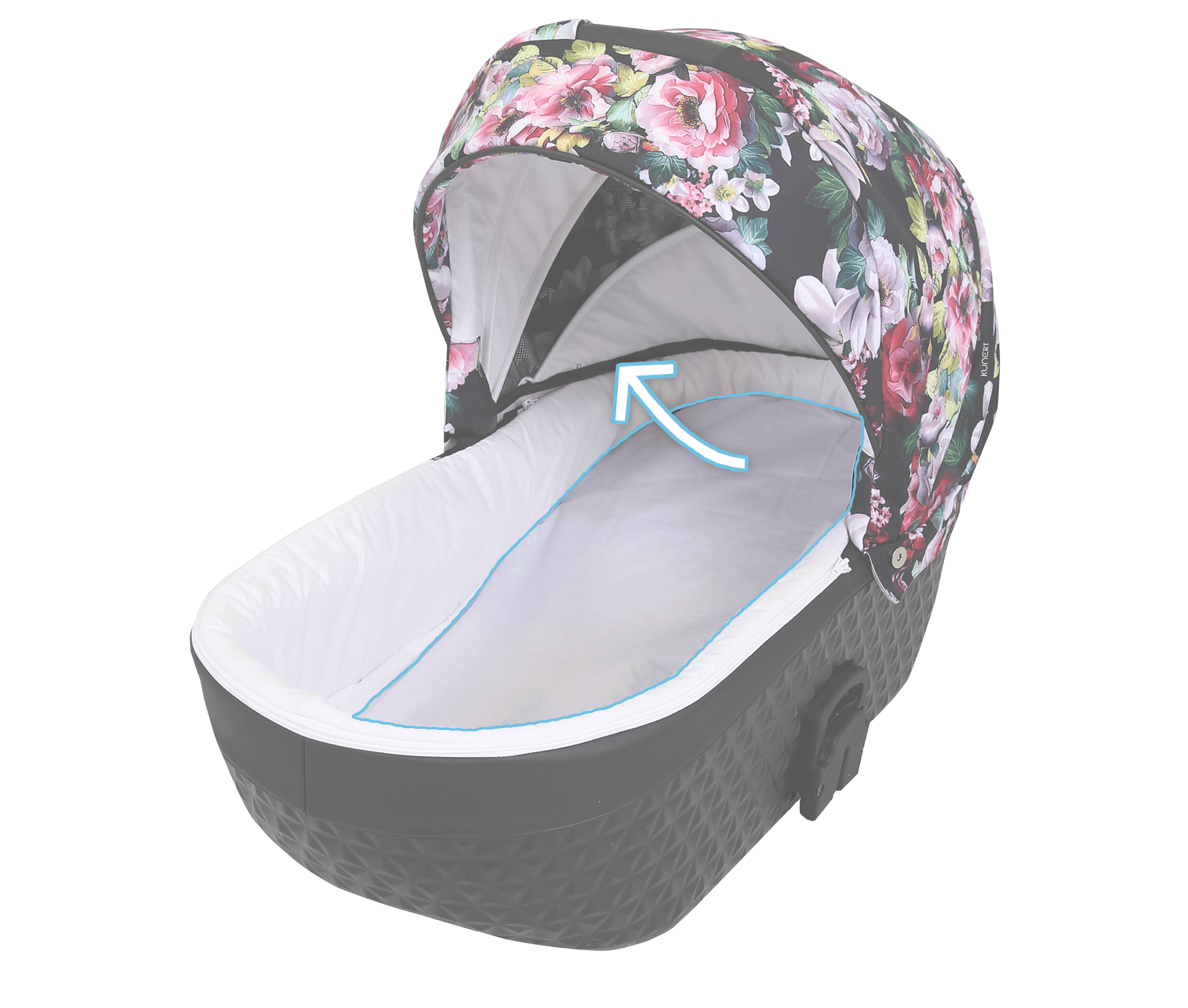Adjustable backrest in the carrycot in 3in1 and 2in1 prams